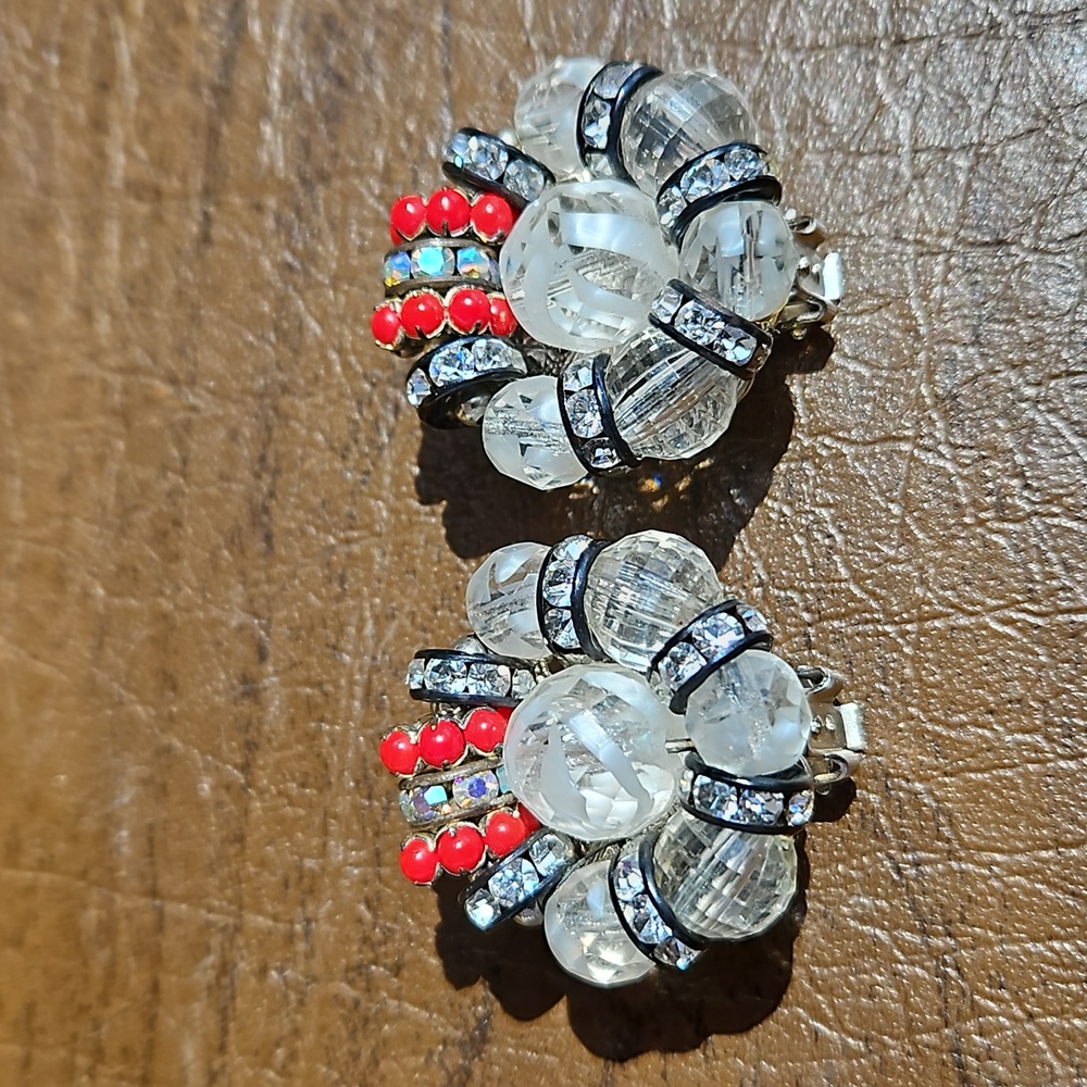 Vintage Hobé Art Deco Rondelle Glass and Rhinestone Clip-on Earrings